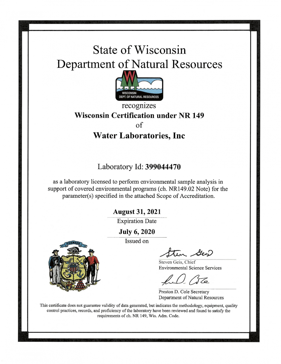 Laboratory Credentials | Water Laboratories, Inc.